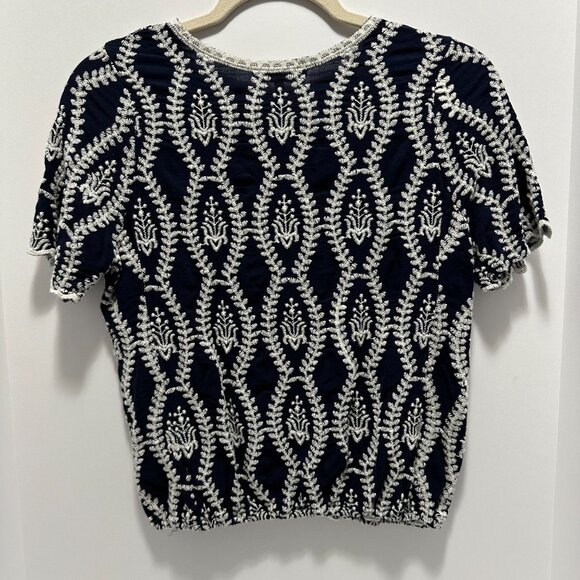 SOLITAIRE Embroidered with Scallop Sleeves  and Garterized Waist Top; Color Blue - Picture 4 of 4